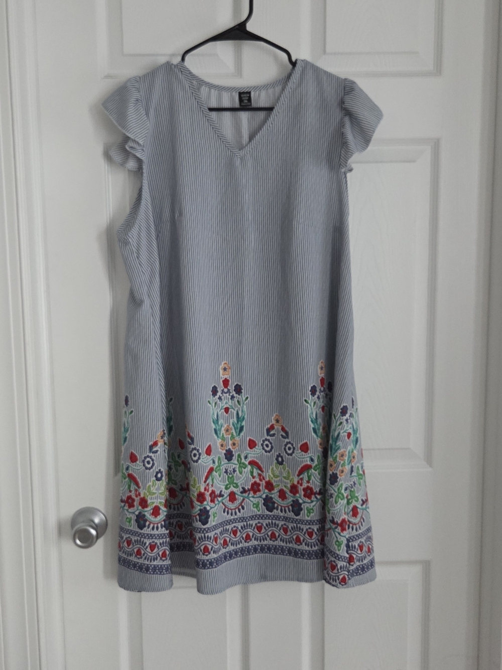 SHEIN Light Blue Striped A-Line Dress with Floral Hem Embroidery